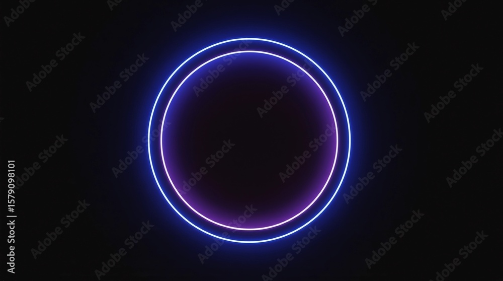 Obraz premium 3d render, blue pink neon round frame, circle, ring shape, empty space, ultraviolet light, 80's retro style, fashion show stage, abstract background