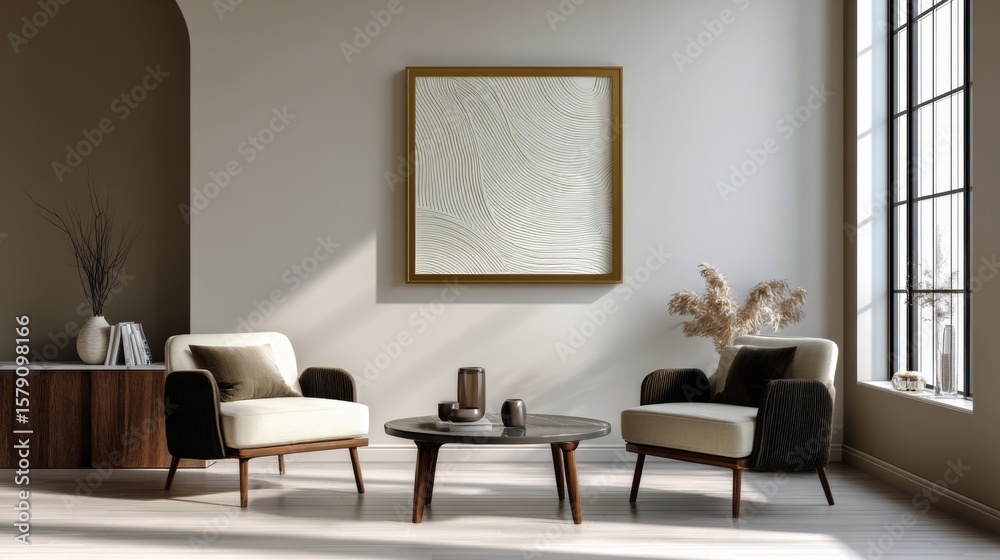 Fototapeta premium Modern living room interior two armchairs coffee table abstract art and natural decor