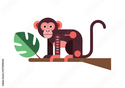 Colorful monkey illustration sitting on a branch with large leaves