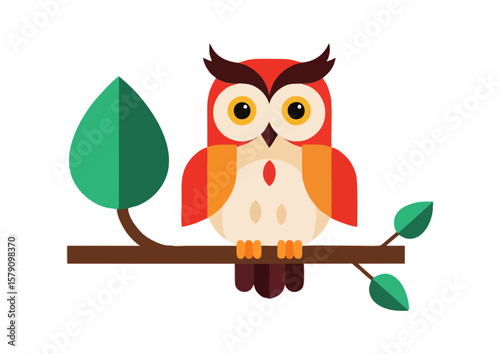 Colorful owl illustration perched on a branch with a large leaf