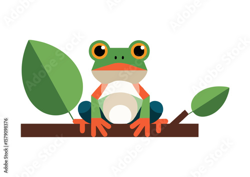 Colorful frog illustration sitting on a branch with a large leaf