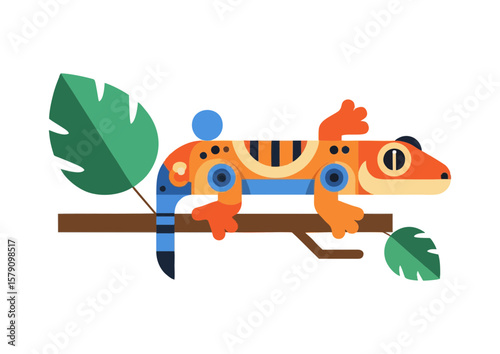 Colorful chameleon illustration crawling on a branch with leaves