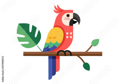 Colorful parrot illustration perched on a branch with a large leaf
