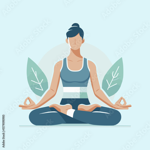 A calm female yoga instructor in a seated meditation pose, wearing relaxed athletic wear and a serene expression, minimalist vector mascot