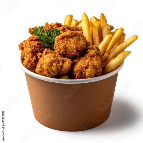 Crispy golden chicken nuggets and french fries in a brown paper cup isolated on white background