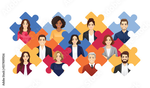 Teamwork and corporate diversity concept. Different business people placed in puzzle grid background. Isolated vector illustration.