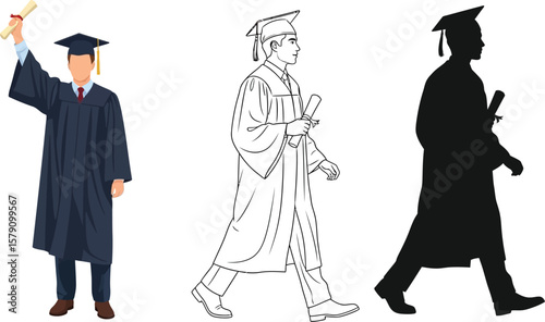 Graduation ceremony vector illustration of student with diploma in graduation gown and mortarboard cap vector