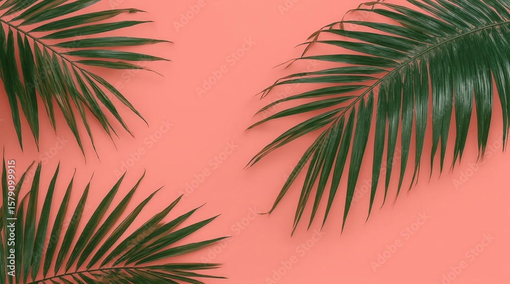 Naklejka premium Dragon Tail Monstera or Epipremnum Pinnatum tropical leaves on coral color background minimal summer 