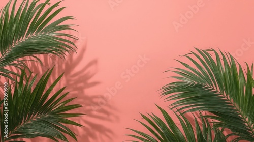 Dragon Tail Monstera or Epipremnum Pinnatum tropical leaves on coral color background minimal summer 