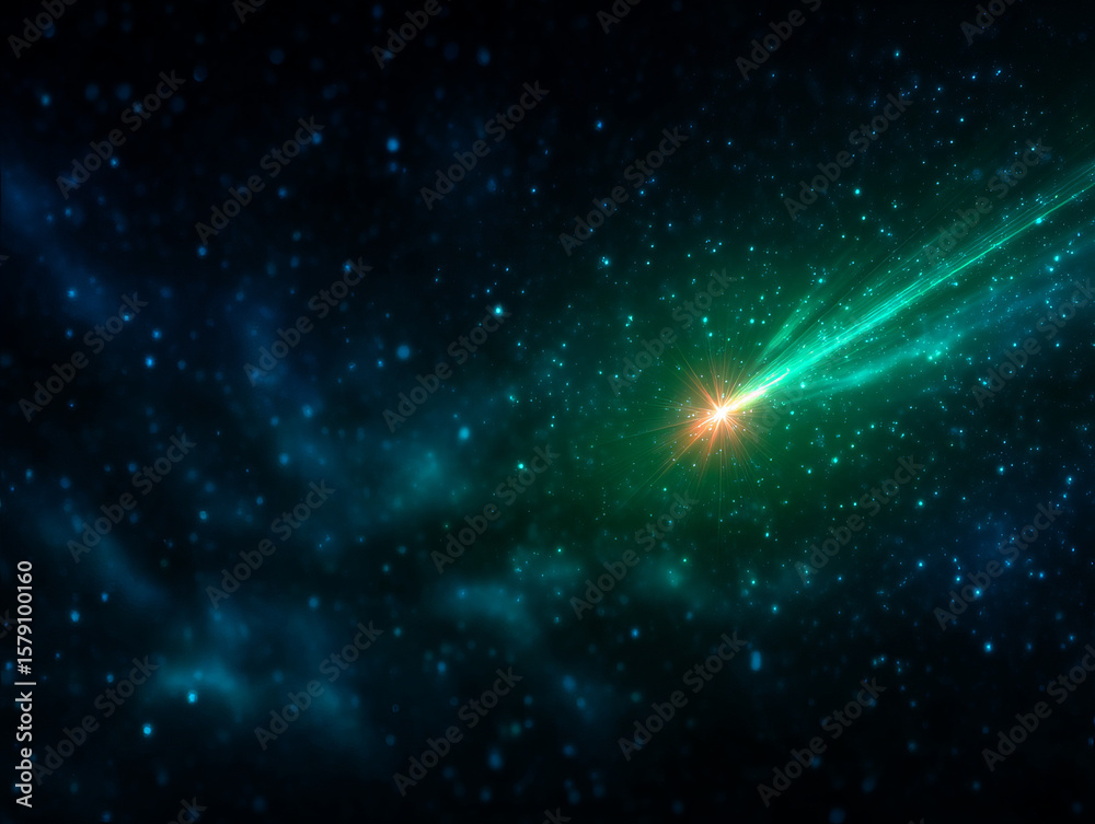 Fototapeta premium Comet with bright green tail travels through starry night sky, creating mesmerizing scene