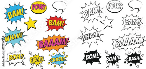 Vector comic speech bubbles set, cartoon sound effects, pop art elements, bam pow crash, black and white vector