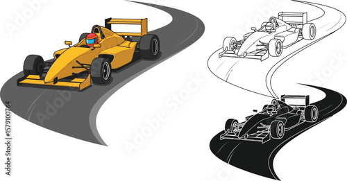 Race car vector illustration of formula one racing on track with black and white line art design vector