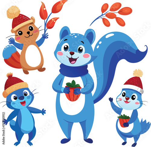 Funny cartoon penguins celebrate Christmas and winter holidays with gifts and a snowman