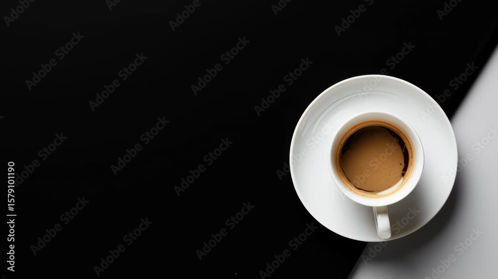 Coffee cup filled with dark brew placed on a white saucer, set against a contrasting black background, showcasing the rich texture and inviting aroma of freshly brewed coffee