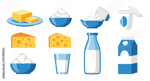 Collection of dairy products including cheese butter milk and yogurt