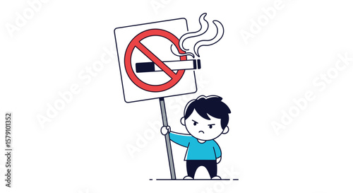 Young boy protests against smoking holding no smoking sign against secondhand smoke hazards