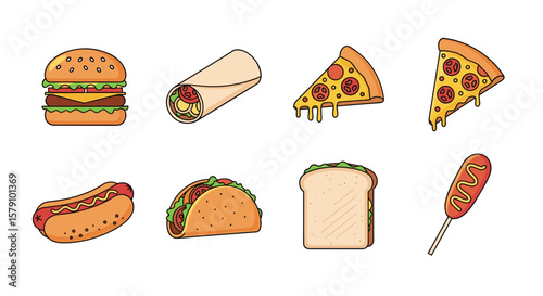 Collection of pixel art fast food icons representing delicious meals