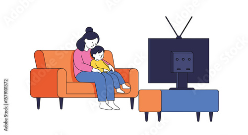 A mother and child enjoying television together in a living room setting