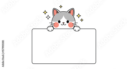 Cute cartoon cat holding a white blank sign for your message