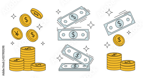 Financial growth and economic prosperity with currency and coins symbolizing wealth and investment opportunities