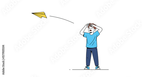 Child launching paper airplane in outdoor activity enjoying childhood playtime fun