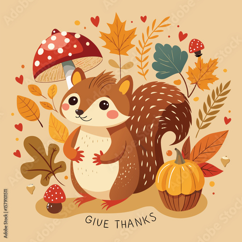 Funny cartoon animals like a cute kitten, baby hedgehog, and a funny dog are illustrated with love on a Thanksgiving card featuring a festive turkey, pumpkin, and flowers