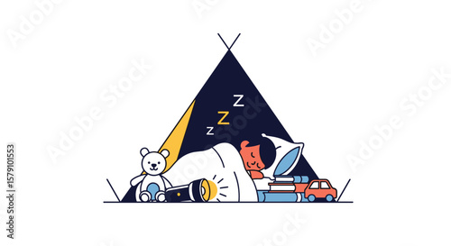 Child sleeping safely inside a cozy tent with toys and books