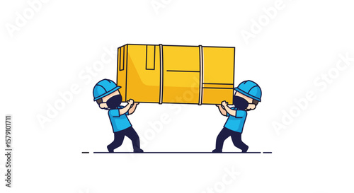 Two people lifting a large cardboard box together for moving and logistics services