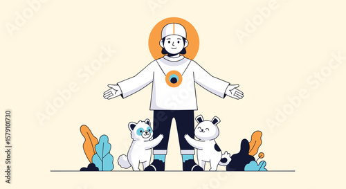 Character with animals and plants in a playful abstract style
