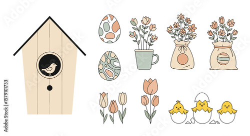Charming easter decorations featuring a birdhouse blossoms and chicks in eggshells