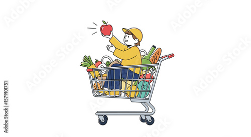 A person driving a shopping cart full of groceries reaching for an apple