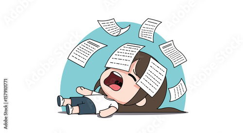 Stressed person overwhelmed by flying papers and workload