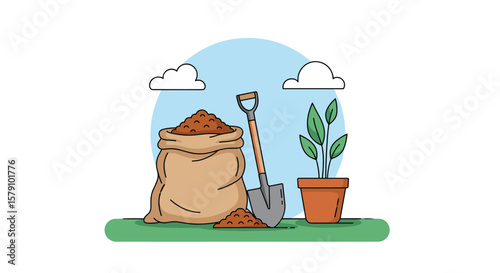 Gardening tools soil plant potting outdoors plants clouds spade bag illustration