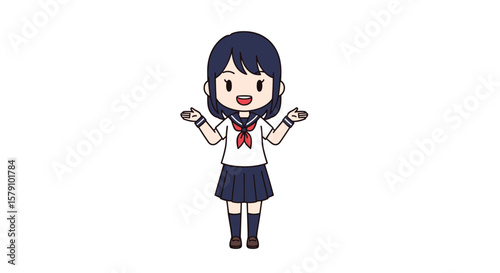 Cute anime school girl dancing in a white background with joyful expression