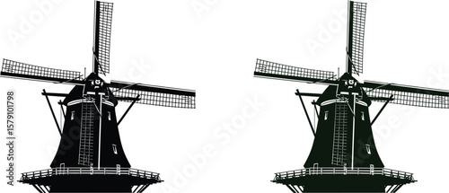 Black and white windmill drawing vector illustration for holland netherlands tourism and travel design vector