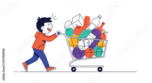 Happy shopper pushing a full grocery cart filled with organic food items and produce