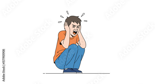 Frightened youngster grips ears amidst loud noises causing utter distress