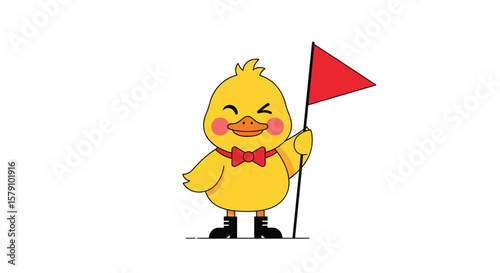 Cute duckling holding a red flag confidently and happily