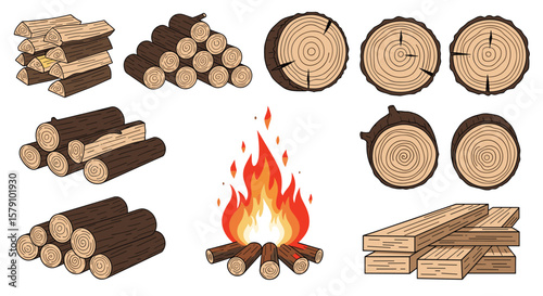Collection of wood materials and burning fire for outdoor activities and construction projects