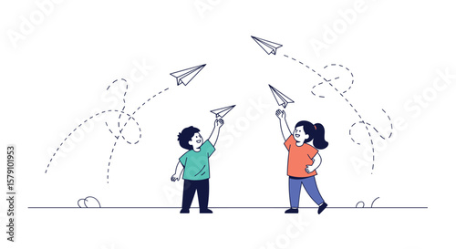 Children launching paper airplanes into the sky symbolizing imagination and future possibilities