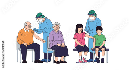 Elderly people and children receiving vaccination shots from healthcare workers in protective gear