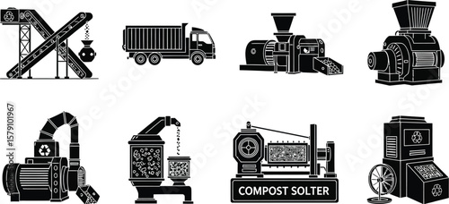 Recycling plant machinery equipment vector icons set waste management and processing industry illustration vector