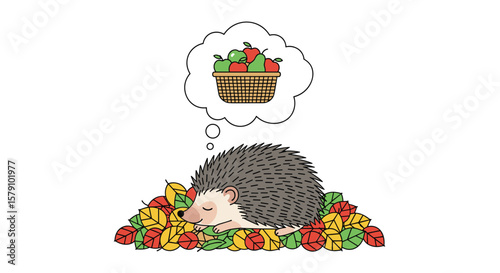 Hedgehog sleeping in autumn leaves dreaming of a basket full of apples during the harvest season