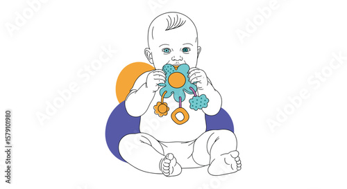 Adorable baby enjoying a colorful toy and wearing a soft ring