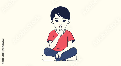 Young child sitting cross legged with finger to lips