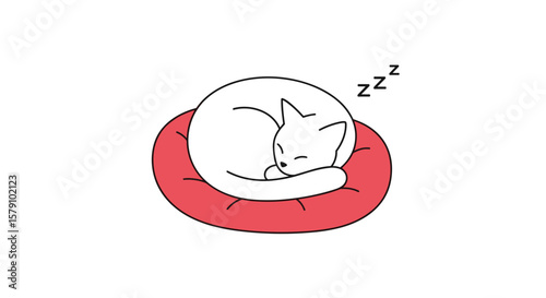 Cute white kitten napping peacefully on a red cushion dreaming sweet dreams