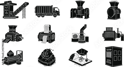 Industrial machinery vector icons set, manufacturing equipment, factory machines and processing line elements vector