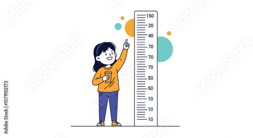 Little girl measuring her growth with a height chart for kids in a fun way