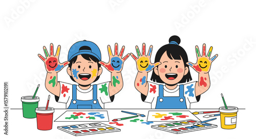 Children joyfully explore colorful art activities creating painted handprints and smiling faces during a fun art class