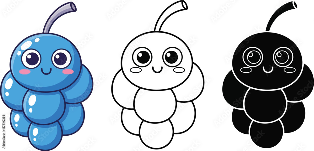 Obraz premium Cute grape cartoon vector illustration for kids coloring page and book drawing fruit design template vector